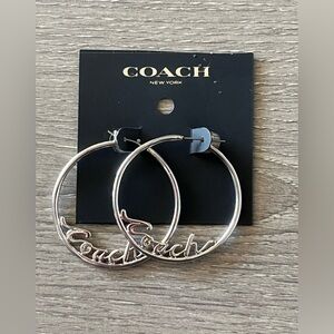 NWT Coach Silver Toned Script Logo Hoop Earrings